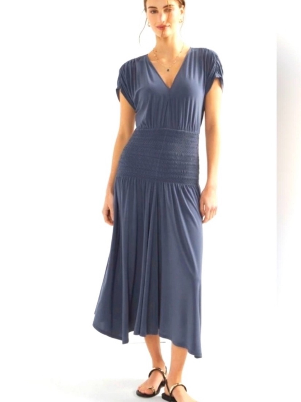 White House Black Market Slate Blue V‑Neck Midi Dress